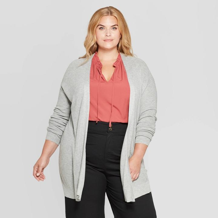 Women's Plus Size Long Sleeve Open Layering Lightweight Cardigan - Ava & Viv Light Heather Gray