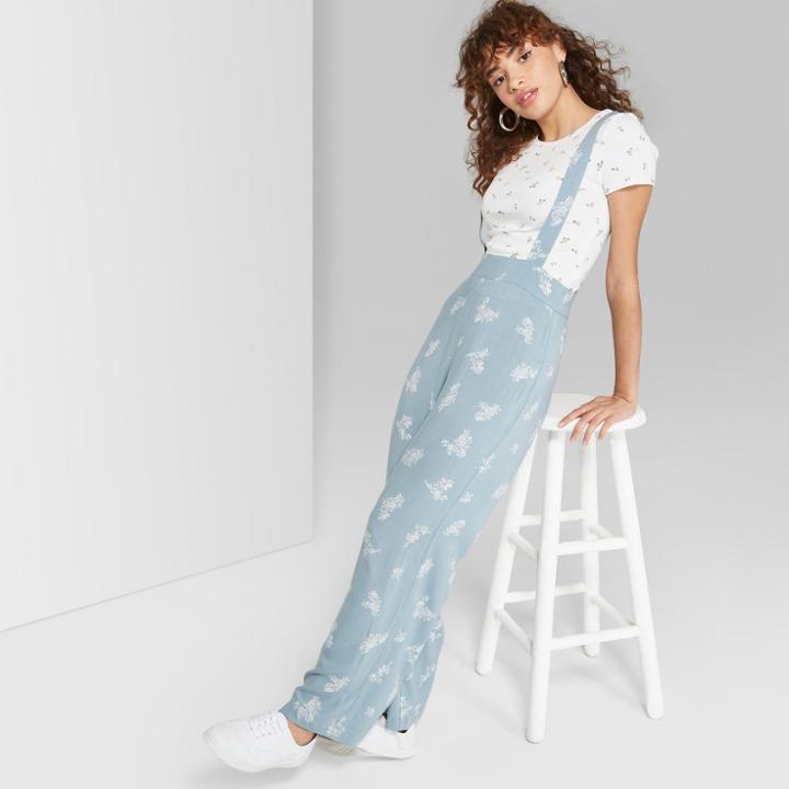 Women's Floral Print Sleeveless Strappy Suspender Toile Jumpsuit - Wild Fable Blue/cream