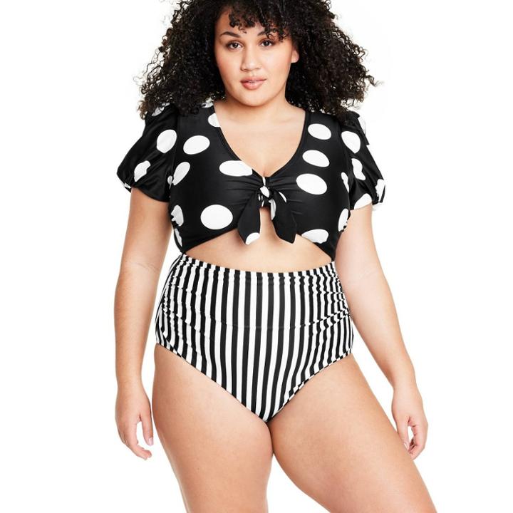 Women's Striped/dot Print Puff Sleeve Tie-front One Piece Swimsuit - Tabitha Brown For Target Black/white