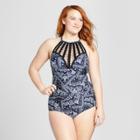 Costa Del Sol Women's Plus Size Crochet High Neck One Piece - Navy/white X, Blue