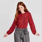 Women's Floral Print Long Sleeve Everyday Blouse - A New Day Red
