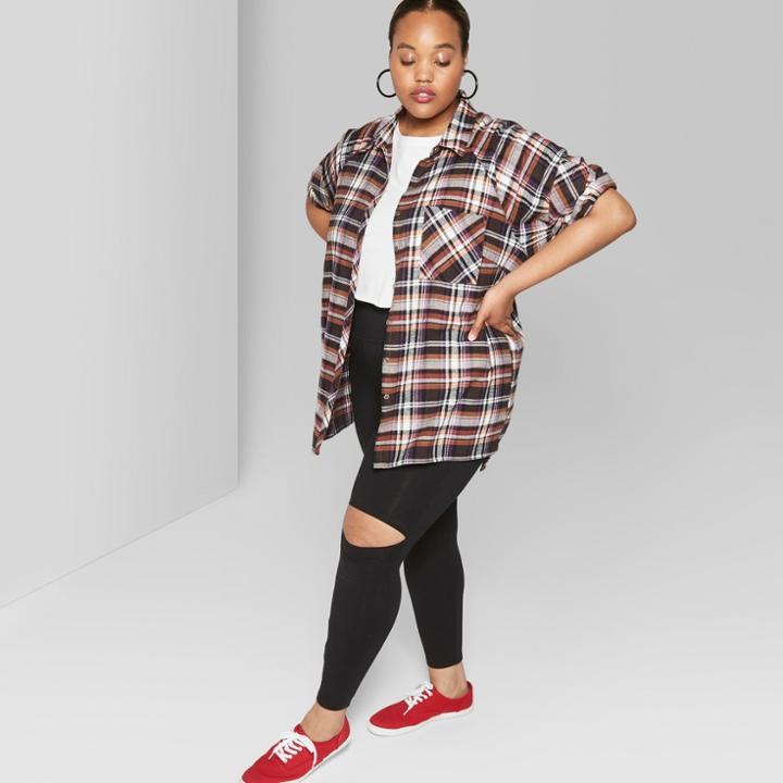 Women's Plus Size Long Sleeve Button-down Oversized Plaid Shirt - Wild Fable Cognac
