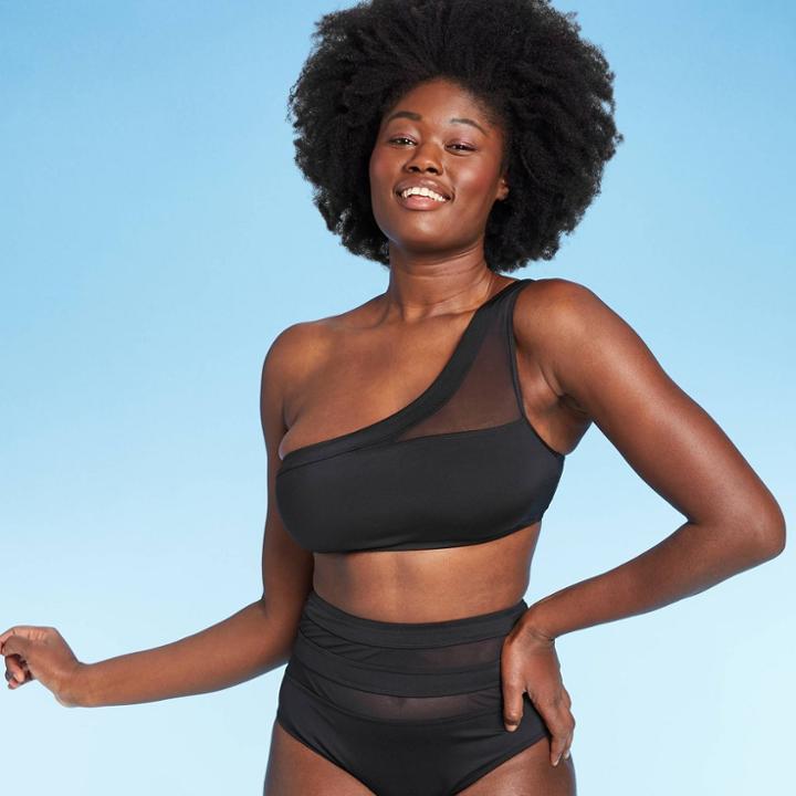Women's Mesh One Shoulder Bralette Bikini Top - Shade & Shore Black