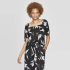 Women's Floral Print Short Sleeve Square Neck Top - A New Day Black