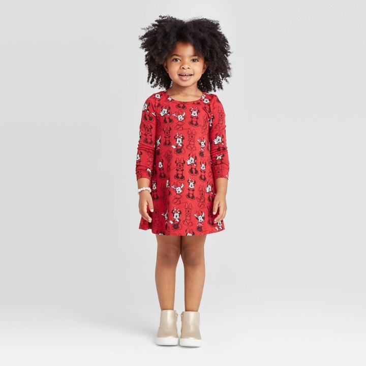 Toddler Girls' Disney Minnie Poses Long Sleeve Dress - Red