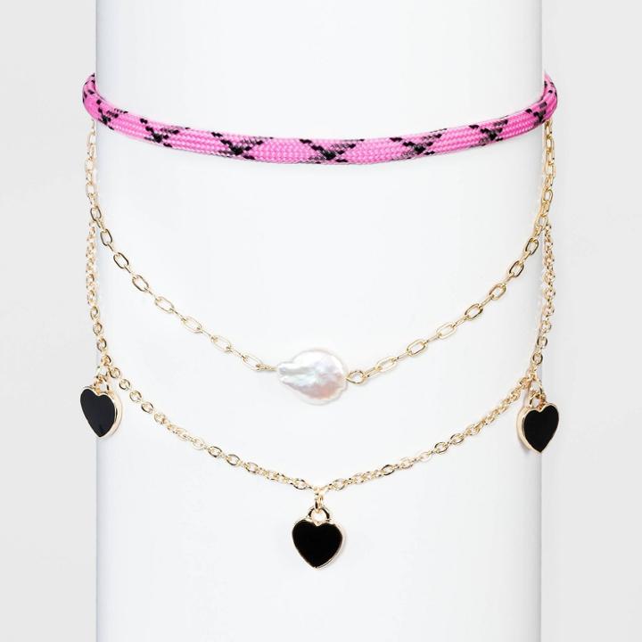Hearts, Pearl, And Sport Cord Choker Necklace Set 3pc - Wild Fable , White