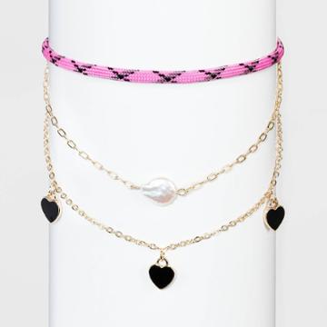 Hearts, Pearl, And Sport Cord Choker Necklace Set 3pc - Wild Fable , White