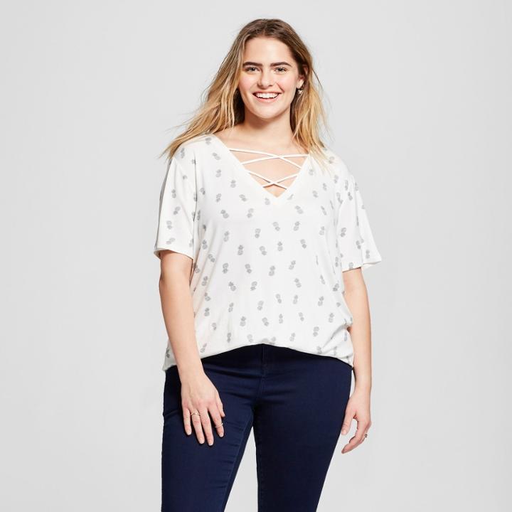 Target Women's Plus Size Pineapple Tossed Print Criss-cross V-neck Short Sleeve Graphic T-shirt - Zoe+liv Ivory