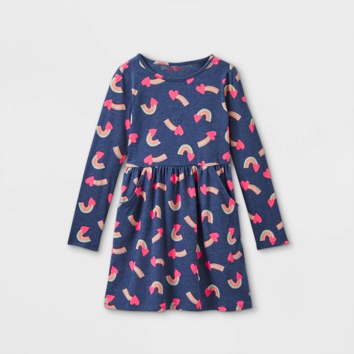 Girls' Printed Long Sleeve Knit Dress - Cat & Jack Navy