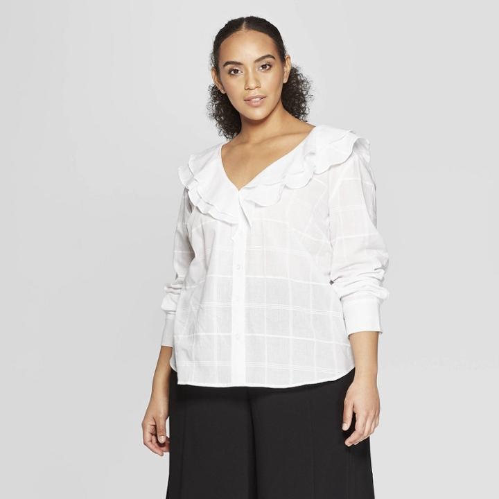 Women's Plus Size Long Sleeve Ruffle Detail Blouse - Who What Wear White