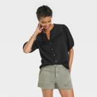 Women's Balloon Short Sleeve Button-front Textured Top - Knox Rose Black