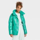Women's Medium Length Wet Look Puffer Jacket - A New Day Jade