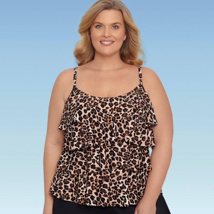 Women's Plus Size Slimming Control Tiered Tankini Top - Dreamsuit By Miracle Brands Neutral Animal Print