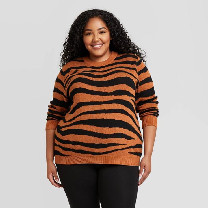 Women's Plus Size Animal Print Crewneck Pullover Sweater - A New Day Orange