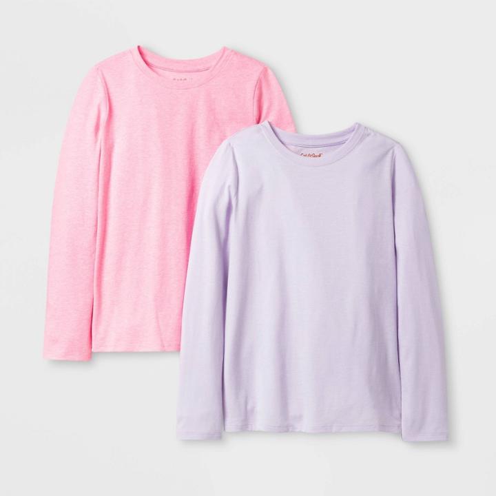 Girls' 2pk Solid Long Sleeve T-shirt - Cat & Jack Lilac/bright Pink Xs, Girl's, Purple