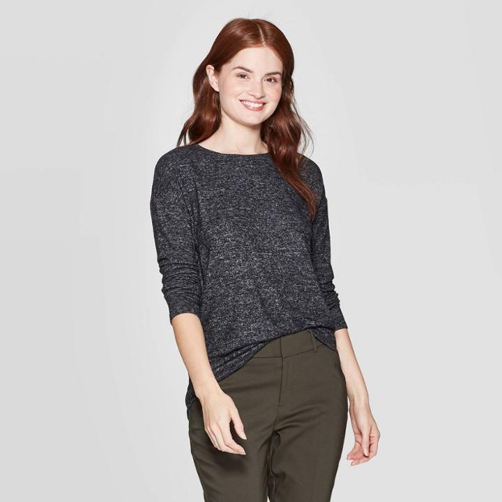 Women's Long Sleeve Crewneck T-shirt - A New Day Black