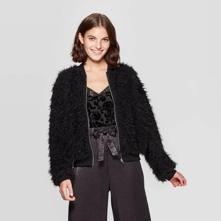 Women's Long Sleeve Zip-up Sherpa Bomber Jacket - Xhilaration Black