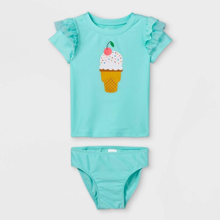 Toddler Girls' Ice Cream Ruffle Short Sleeve Rash Guard Set - Cat & Jack 3t, Ivory/white