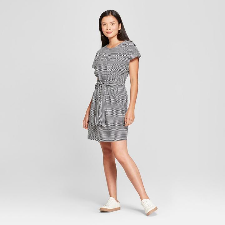 Women's Striped Print Tie Front Dress - Loramendi - Navy/white