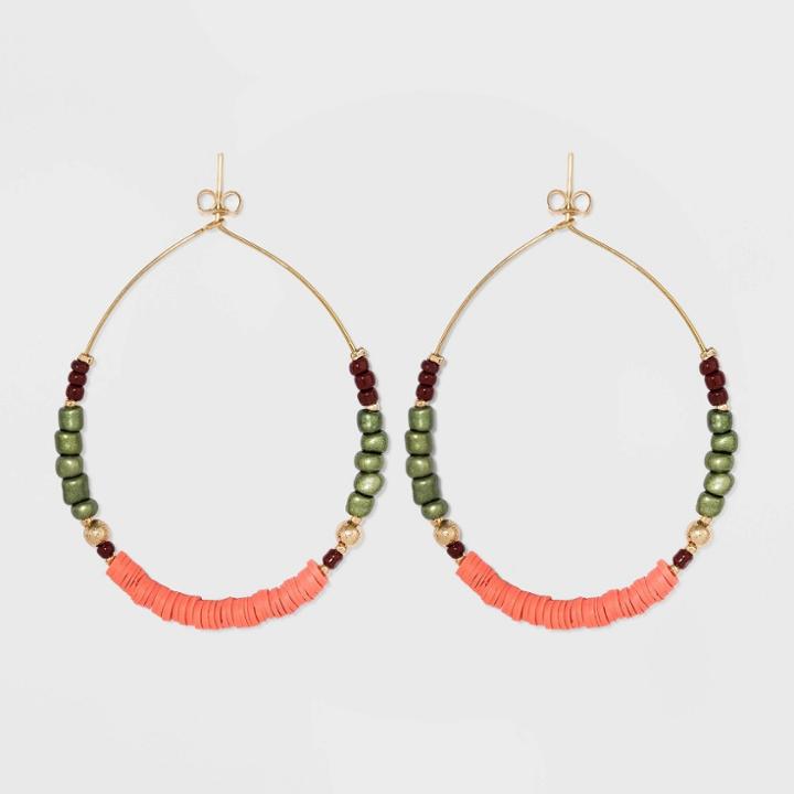 Coral, Green And Red Beaded Wire Hoop Earrings - A New Day Coral, Pink
