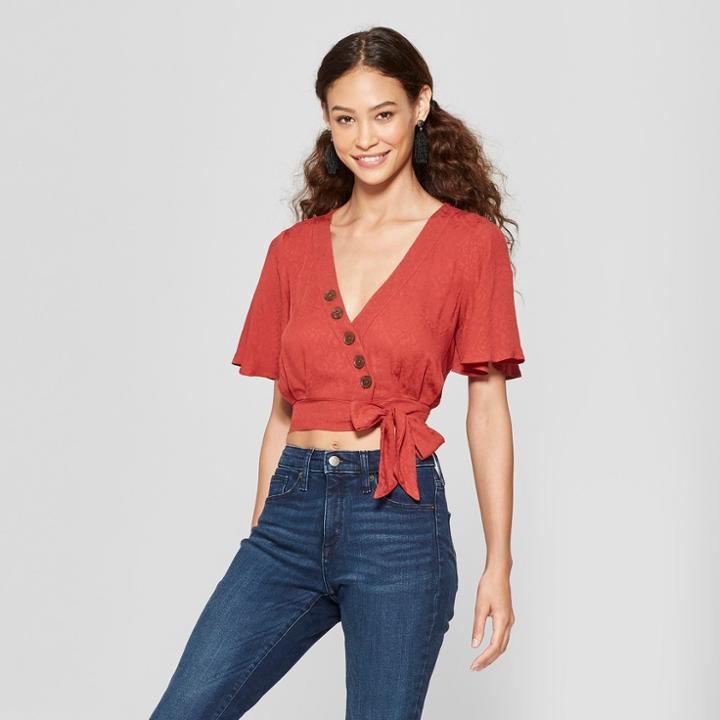Women's Short Sleeve Button Front Wrap Top - Xhilaration Red
