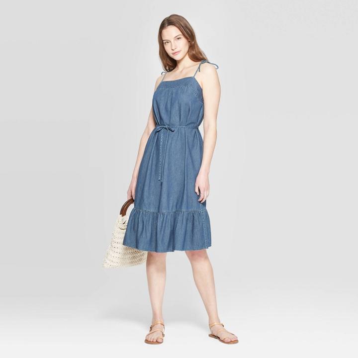 Women's Sleeveless Shoulder Square Neck Knee Length Tie Denim Dress - Universal Thread Blue