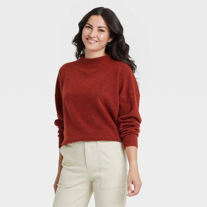 Women's Slouchy Mock Turtleneck Pullover Sweater - A New Day Rust