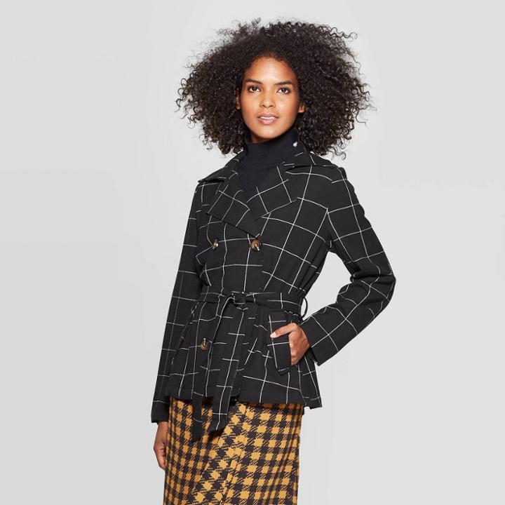 Women's Plaid Turnover Collar Front Button-down Swing Trench Jacket - Who What Wear Black M, Women's,