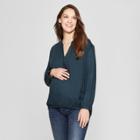 Maternity Long Sleeve Split Neck Shirred Top - Isabel Maternity By Ingrid & Isabel Blue