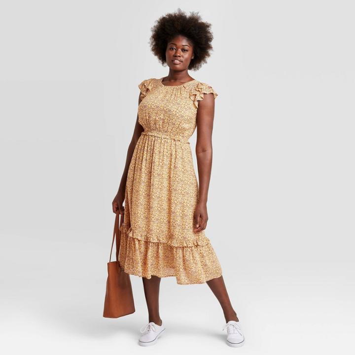 Women's Floral Print Flutter Short Sleeve Dress - Universal Thread Yellow