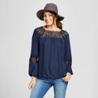 Zac & Rachel Women's Long Sleeve Crochet Detailed Woven Peasant Blouse - Zac And Rachel Navy