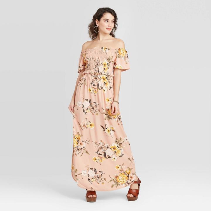 Women's Floral Print Short Sleeve Smocked Top Maxi Dress - Xhilaration Pink