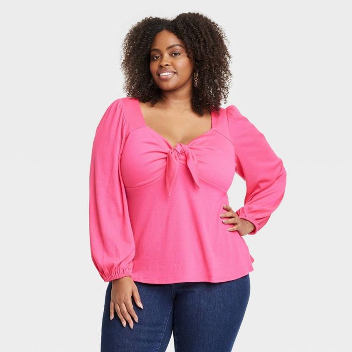 Women's Long Sleeve Sweetheart Neck Tie-front Jersey T-shirt - Ava & Viv Pink