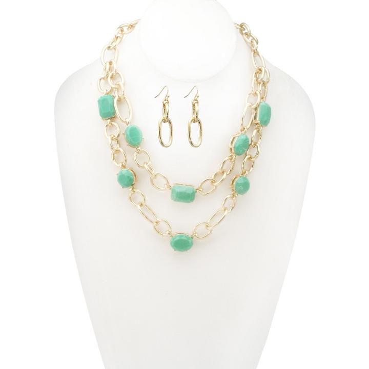 Zirconmania Women's Zirconite Epoxy Stone Double Layered Chain Link Necklace And Earring Set,