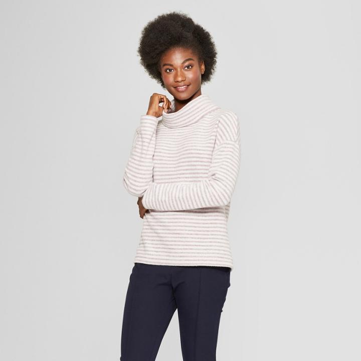 Women's Striped Long Sleeve Cowl Neck Knit Top - A New Day Gray/burgundy