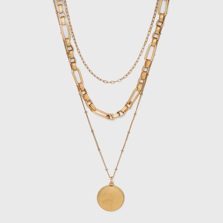 Disc Charm And Chain Layered Necklace - Universal Thread Gold