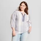 Women's Plus Size Striped Embroidered Three Quarter Length Sleeve Tunic - Universal Thread Blue X