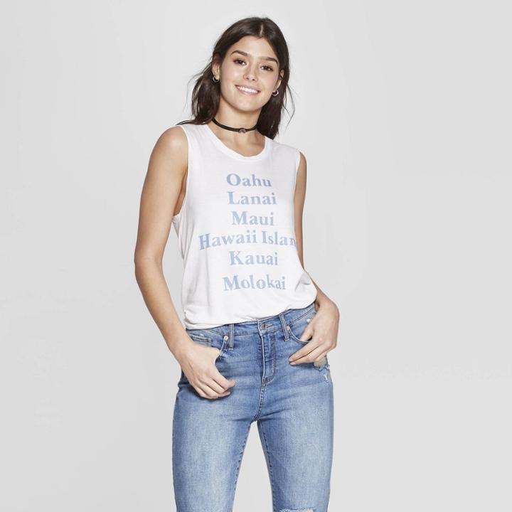 Women's Sleeveless Crew Neck Hawaii Islands Tank Top - Awake White