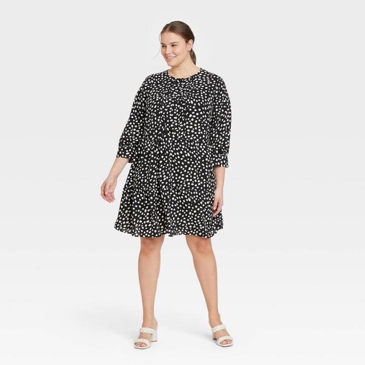 Women's Plus Size Bishop 3/4 Sleeve Dress - Who What Wear Black Polka Dots