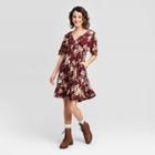 Women's Floral Print Short Sleeve V-neck Smocked Waist Mini Dress - Xhilaration Burgundy Xs, Women's, Red