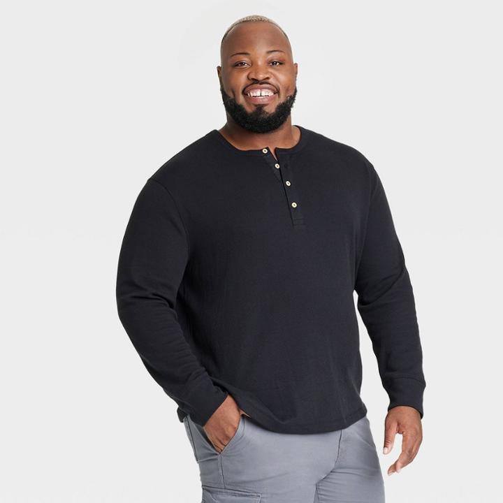 Men's Big & Tall Long Sleeve Textured Henley Shirt - Goodfellow & Co Black