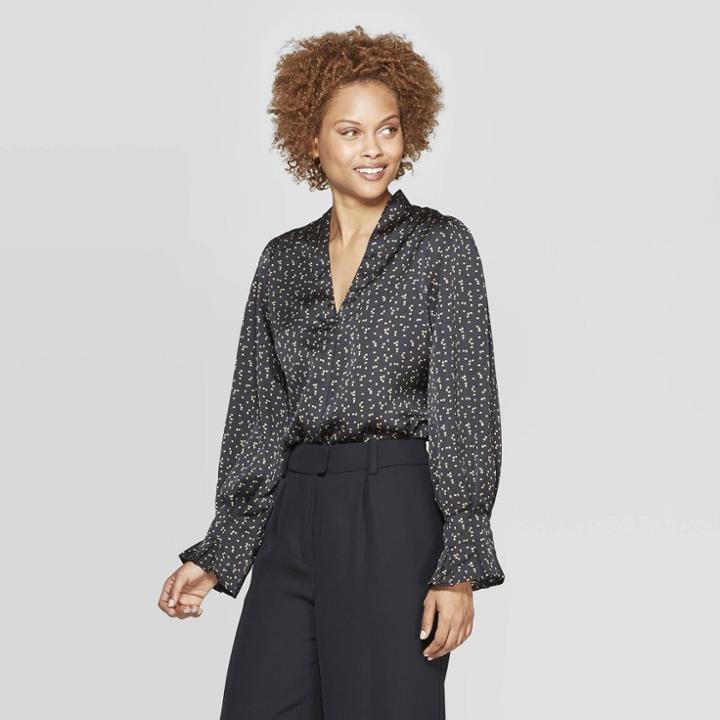 Women's Long Sleeve V-neck Pleated Blouse - Prologue Black
