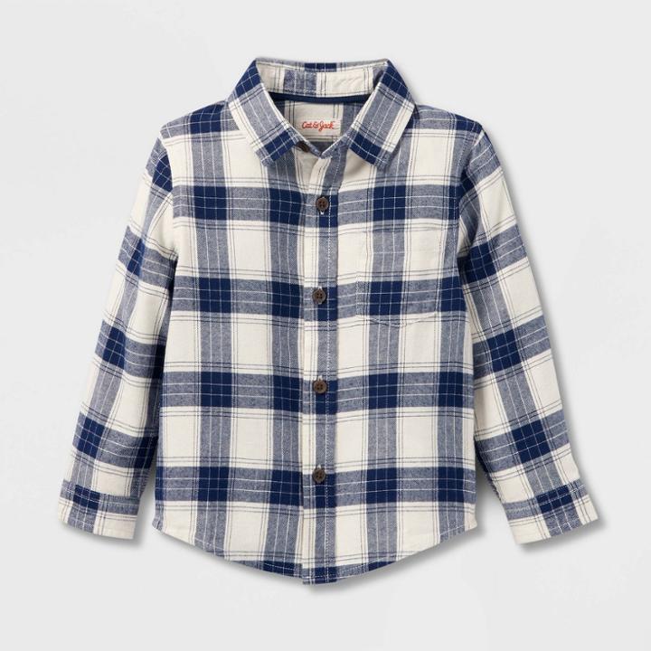 Toddler Boys' Long Sleeve Flannel Button-up Shirt - Cat & Jack White