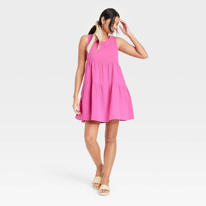 Women's Gauze Tiered Tank Dress - Universal Thread Fuchsia