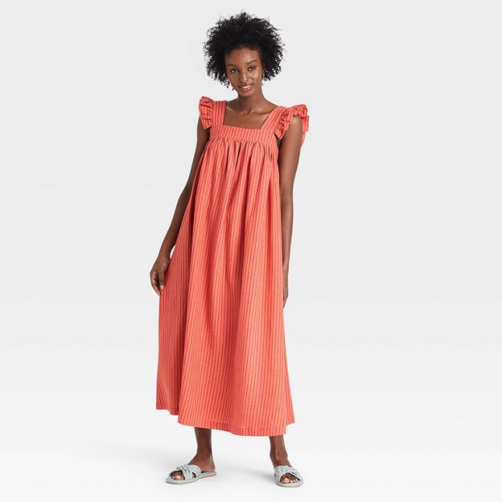 Women's Ruffle Short Sleeve A-line Dress - A New Day Orange