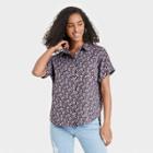Women's Floral Print Dolman Short Sleeve Button-down Shirt - Universal Thread Navy