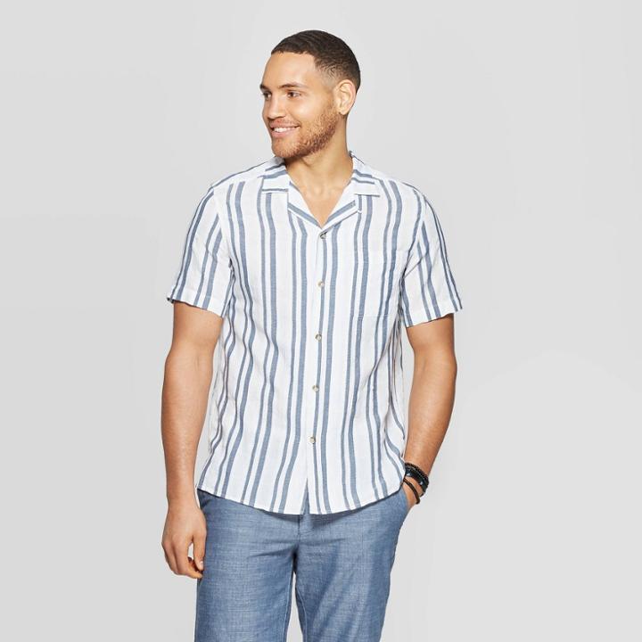 Men's Striped Short Sleeve Linen Button-down Shirt - Goodfellow & Co Navy Voyage