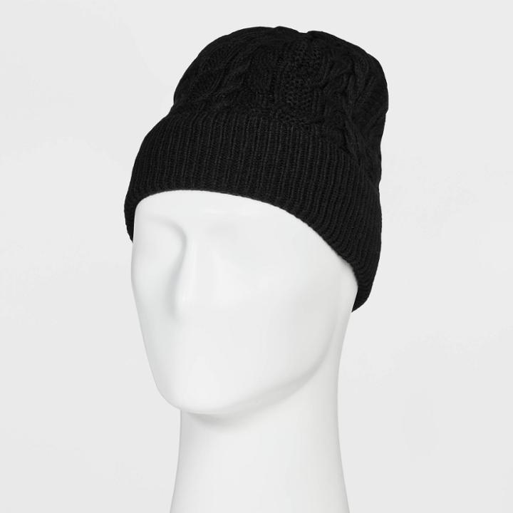 Men's Mixed Cable Knit Beanie With Fleece Lined Hat - Goodfellow & Co Black