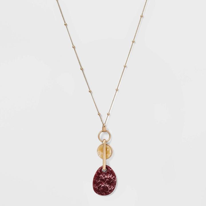 Geometric Link With Semi-precious Rhodonite Pendant Necklace - Universal Thread Burgundy, Red