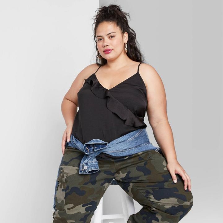 Women's Plus Size V-neck Ruffle Front Satin Cami Top - Wild Fable Black 1x, Women's,